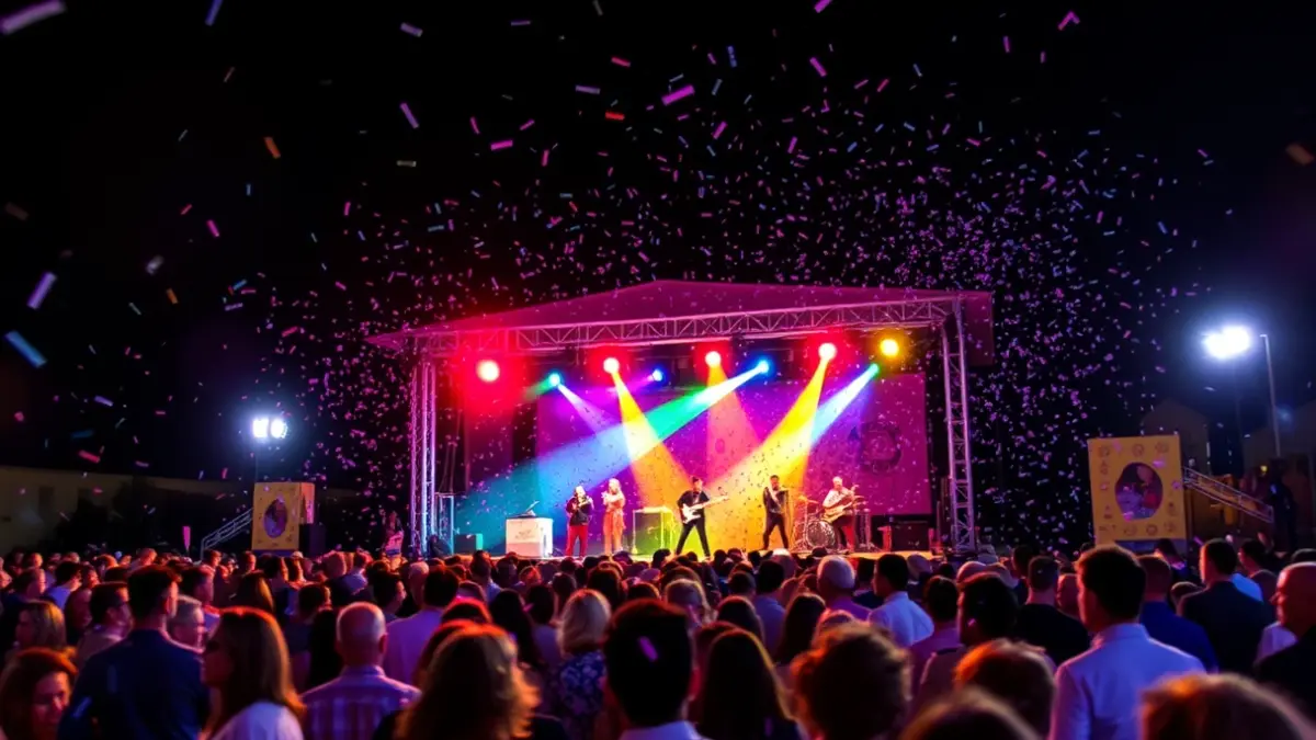 Imagen genérica de una verbena con escenario iluminado y público.