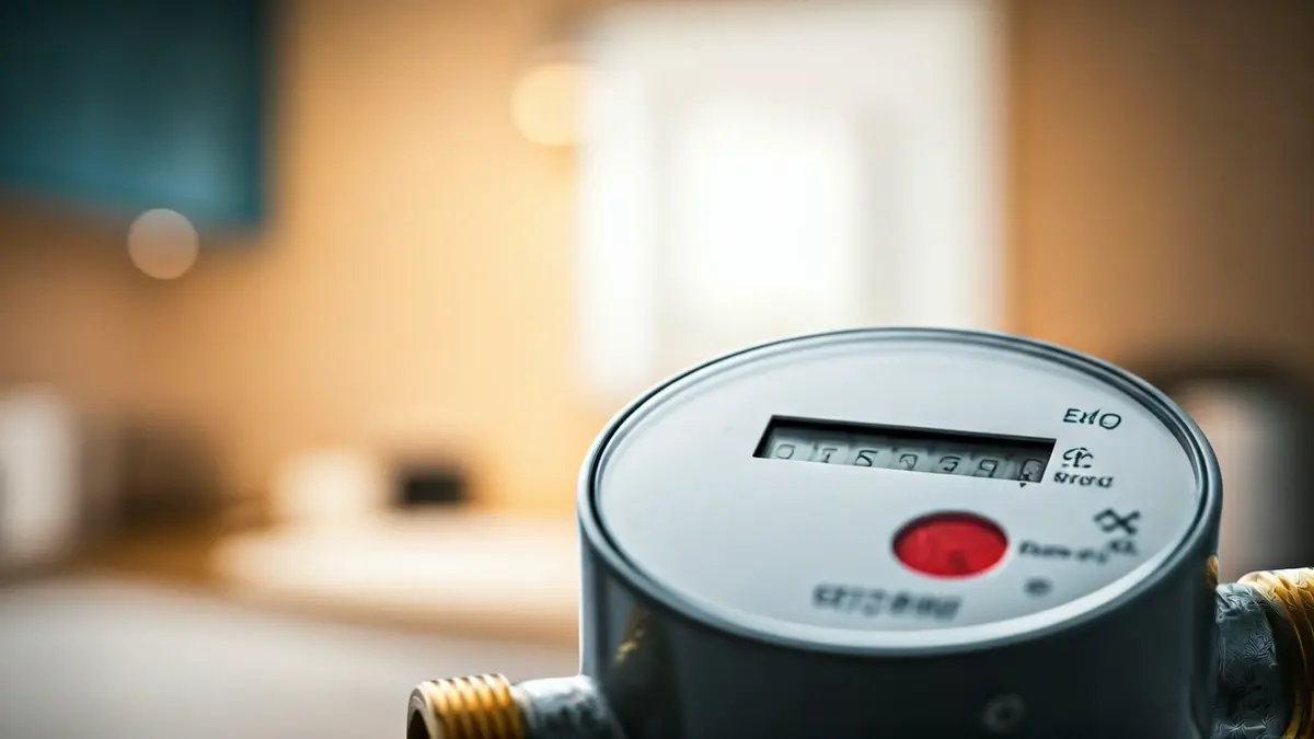 Imaxe xenérica dun contador de auga dixital mostrando datos de consumo.