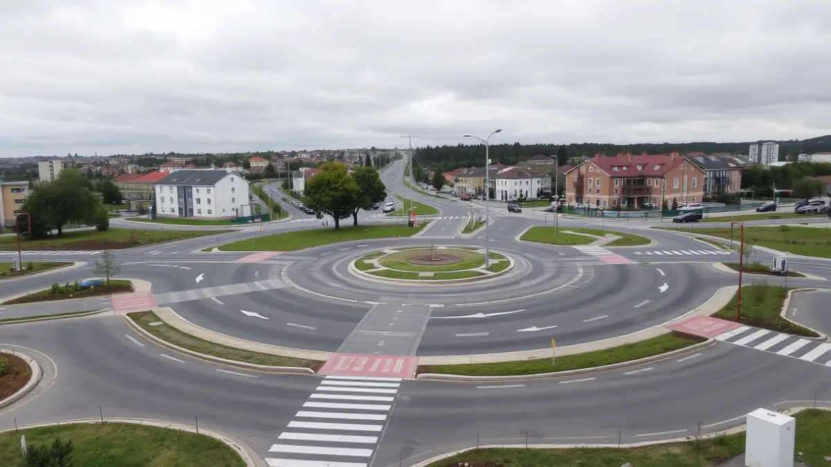 Imaxe dunha nova glorieta en construción, con beirarrúas e zonas verdes, nunha área semiurbanizada de Galicia.