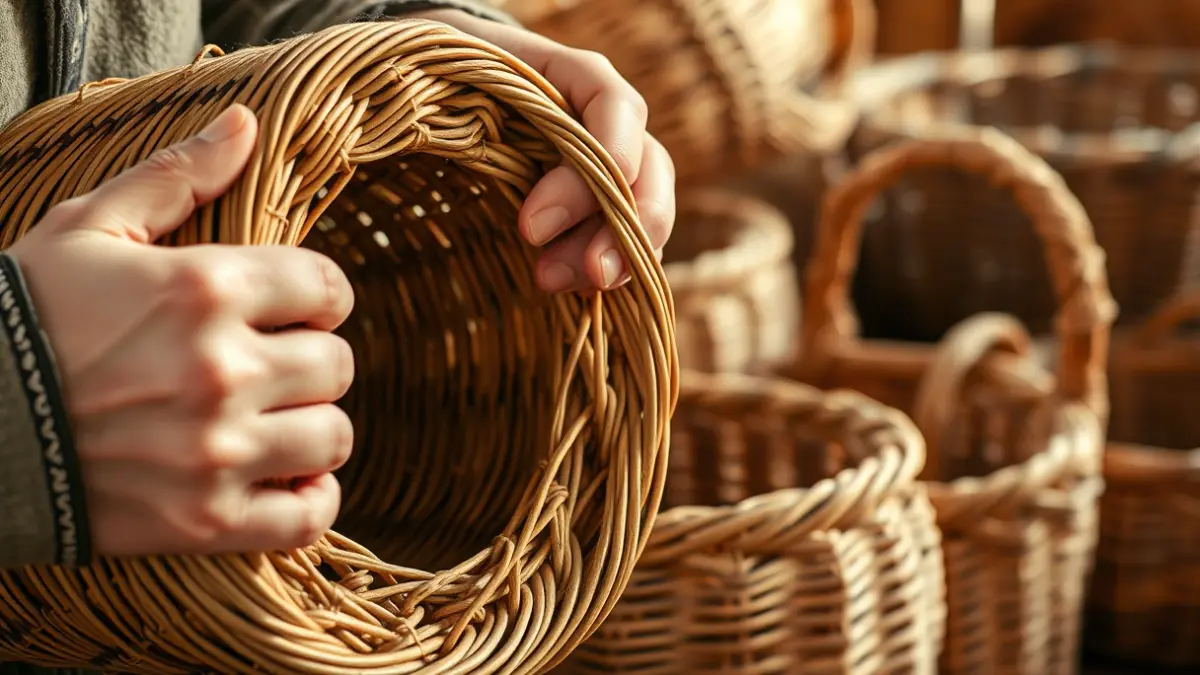 Imaxe xenérica de mans tecendo vimbio para elaborar unha cesta.