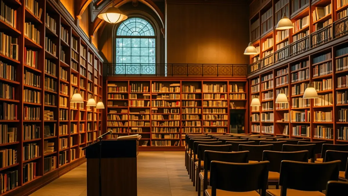 Imaxe xenérica dunha sala de conversas ou presentación cultural.