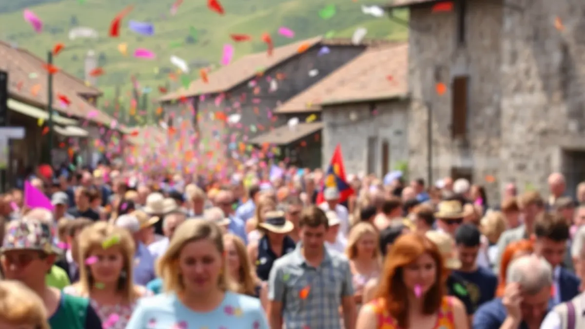 Imaxe xenérica dun desfile festivo nunha vila galega, con xente e confeti.