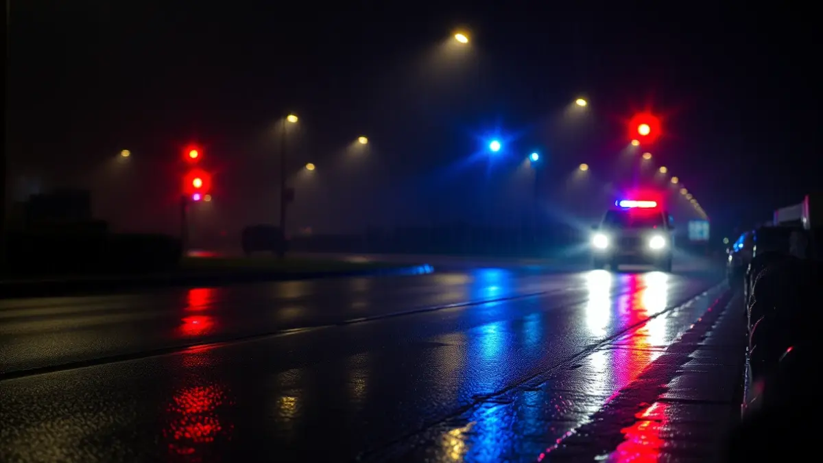 Imaxe xenérica de luces de emerxencia reflectíndose sobre asfalto mollado pola chuvia intensa.