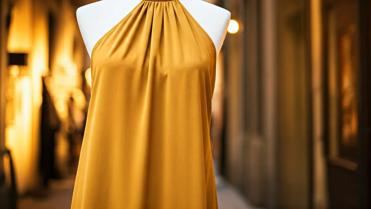 Imaxe xenérica dun vestido longo e liso, exhibido nunha tenda.