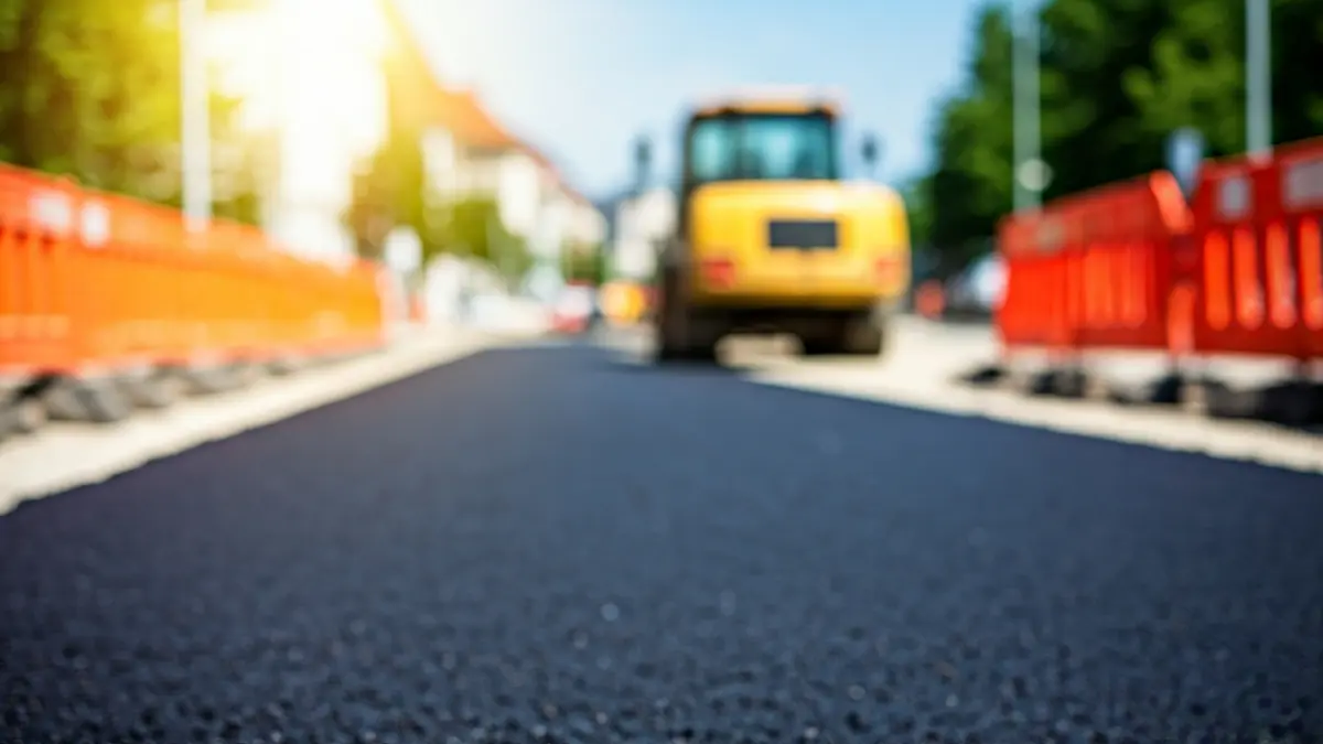 Imaxe xenérica de obras de humanización cunha barreira de seguridade laranxa e maquinaria de construción.