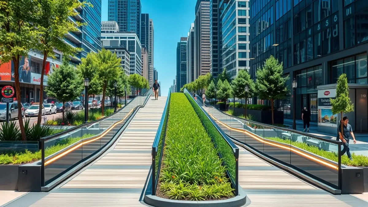 Imagen de una rampa mecánica moderna en un entorno urbano con vegetación e iluminación LED.