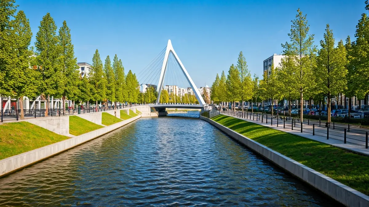 Imaxe dun río renaturalizado nun entorno urbano con pasarelas e vexetación.