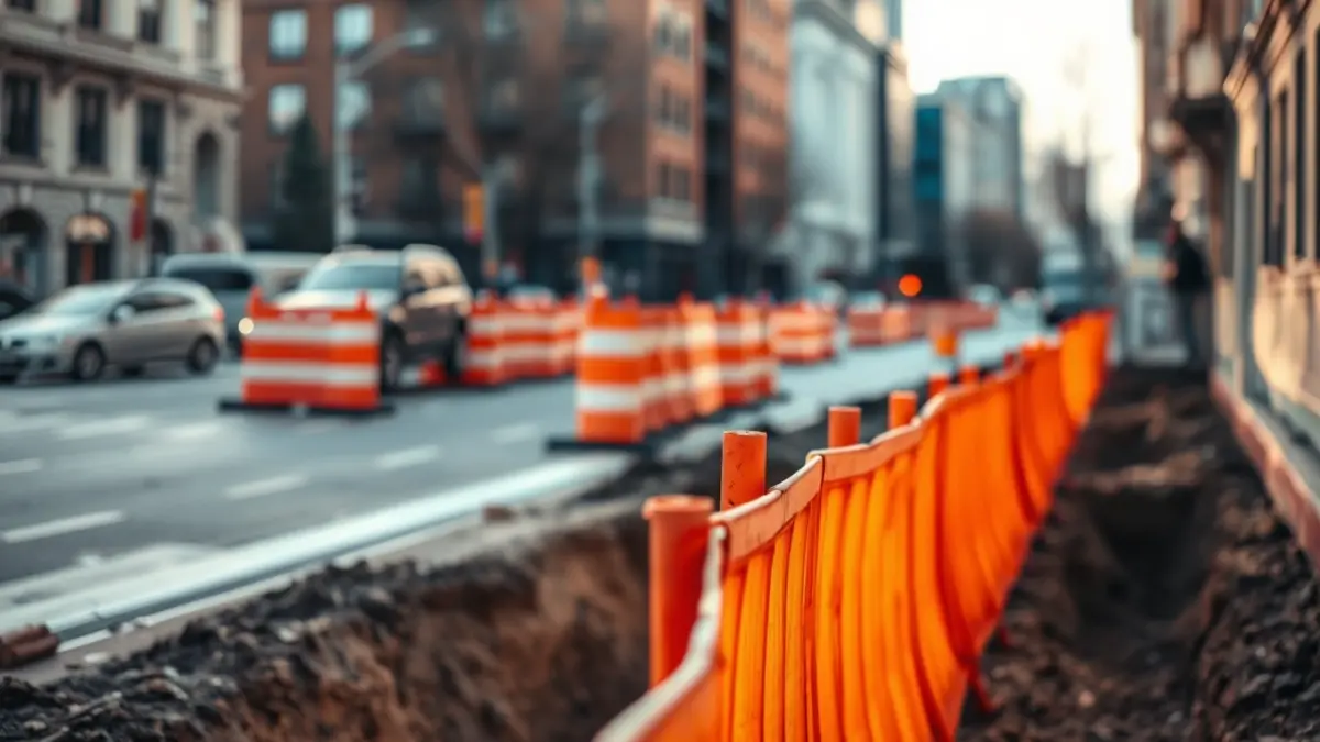 Imaxe dunha zona de obras con barreiras de seguridade e gabias abertas nunha rúa urbana.