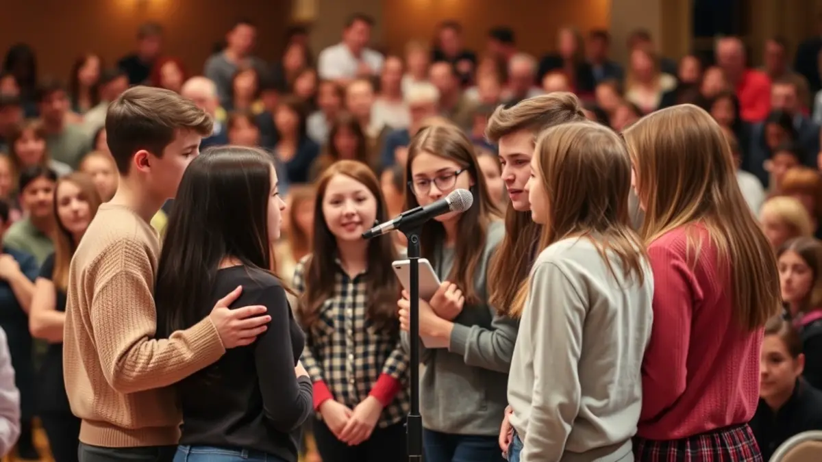 Imaxe de estudantes de secundaria participando nunha regueifa.