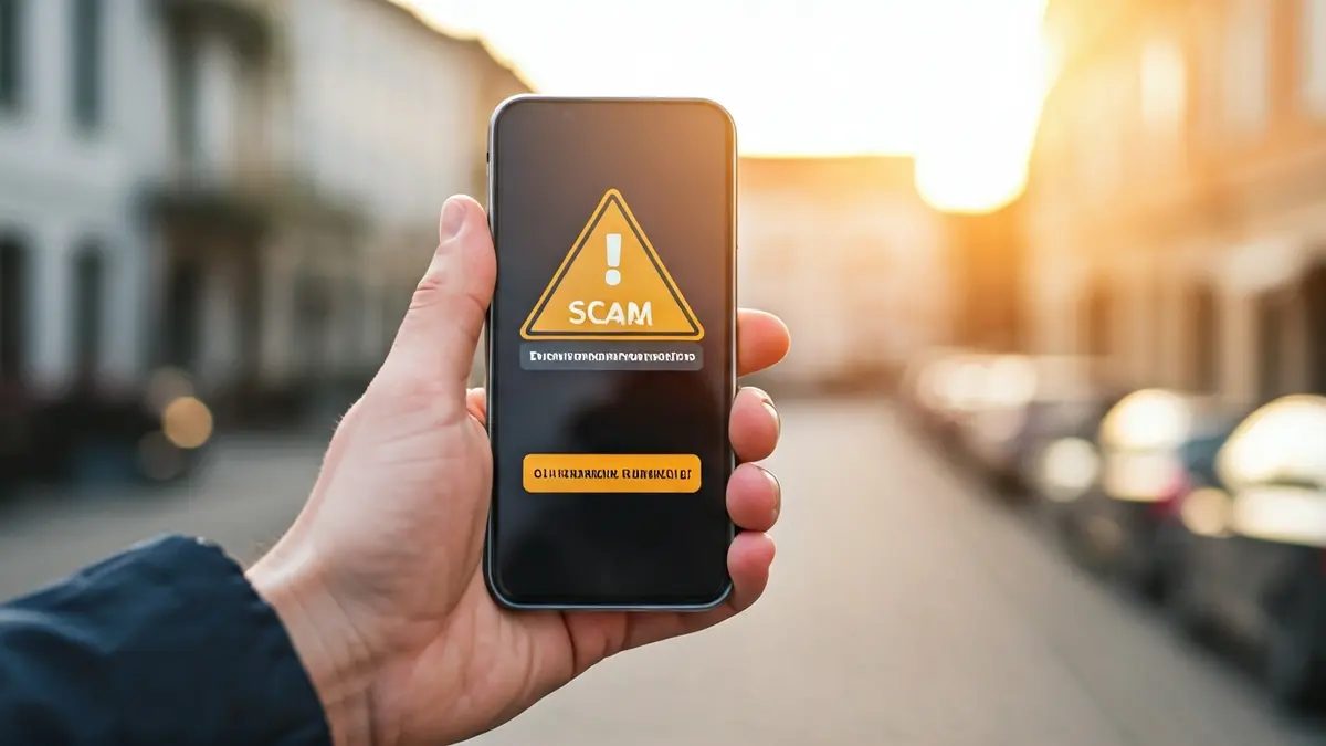 Imagen genérica de una mano sosteniendo un teléfono con una alerta de estafa.