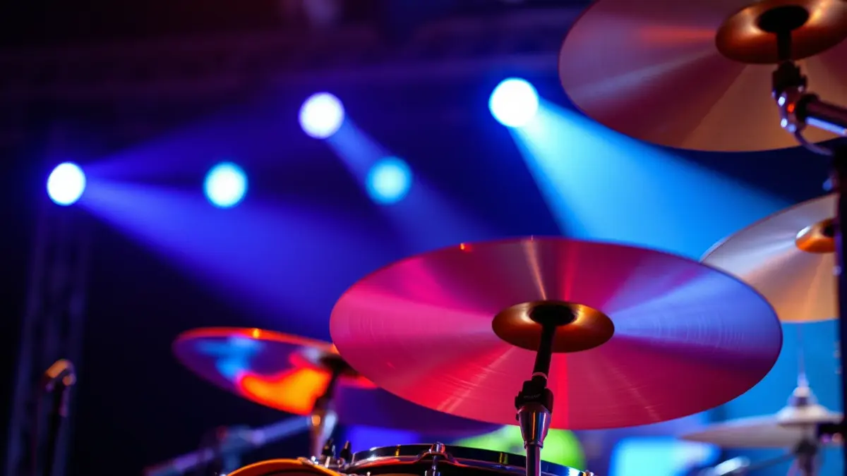 Imaxe xenérica dunha batería nun escenario con luces de concerto.