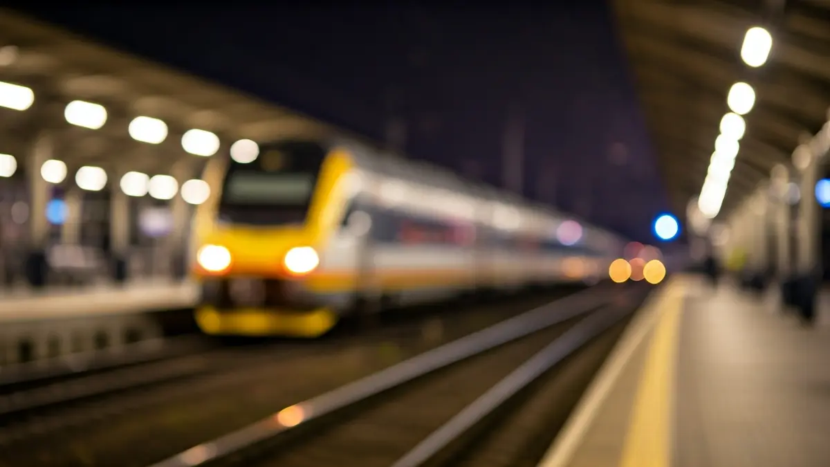 Imaxe xenérica dunha plataforma de estación de tren pola noite, con luces de tren borrosas ao lonxe.