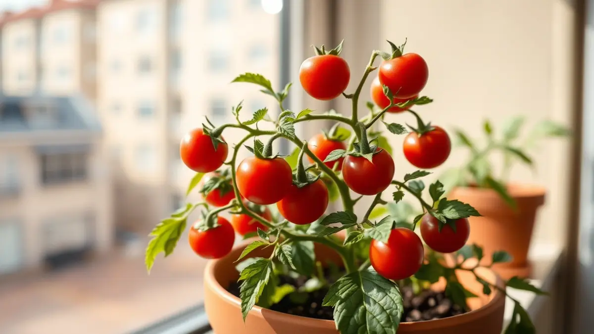 Imaxe xenérica dunha planta de tomate cherry nunha maceta nunha ventá.