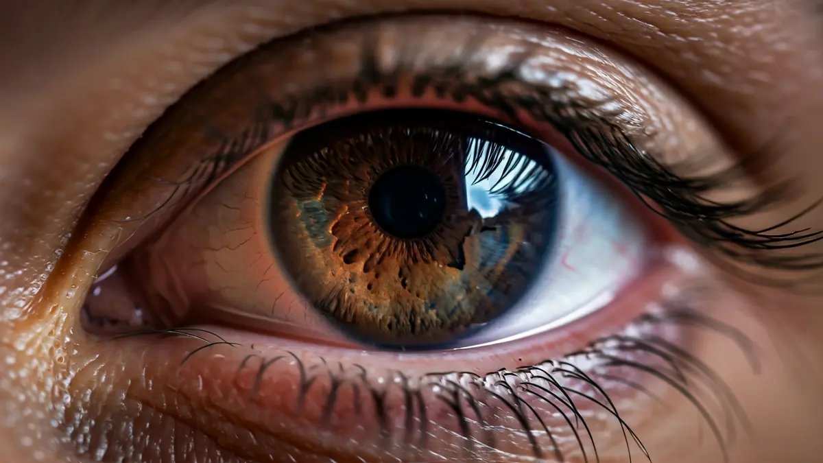 Imaxe dun ollo humano con expresión de angustia, reflectindo luces de emerxencia.