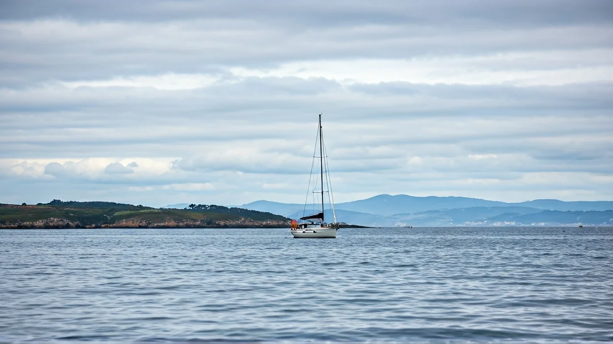 Imaxe dun veleiro navegando preto da costa galega, con énfase na interacción con orcas.
