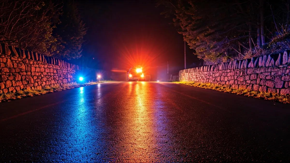 Imagen genérica de luces de emergencia reflejándose sobre asfalto mojado en una carretera gallega.