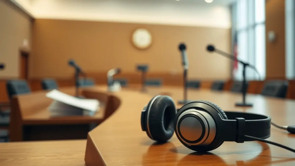 Imagen genérica de unos auriculares en una mesa de juzgado.