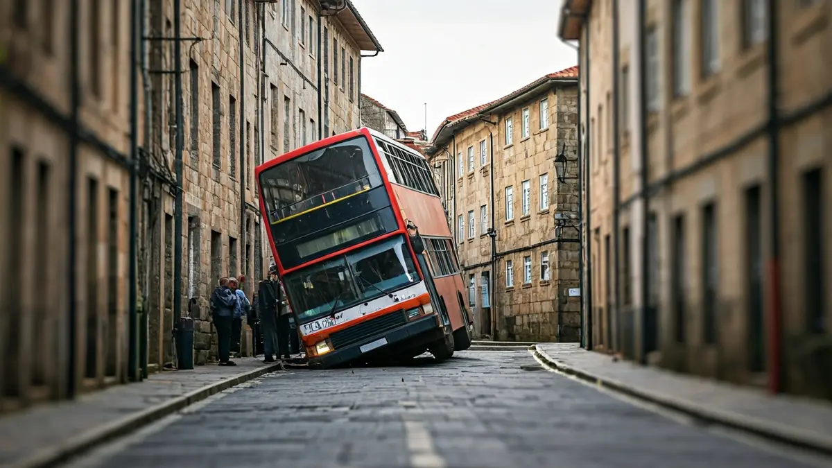 Autobús de dous pisos atascado nunha rúa empinada de Sarria.