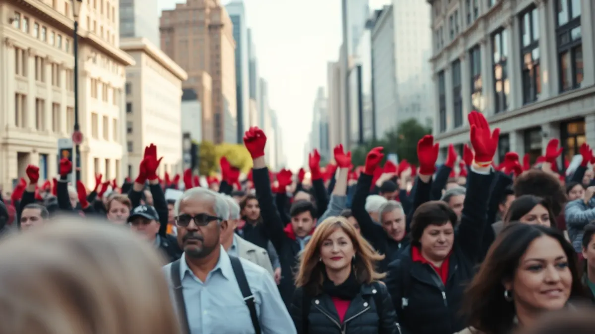 Imaxe xenérica dunha manifestación con luvas vermellas en Vigo.