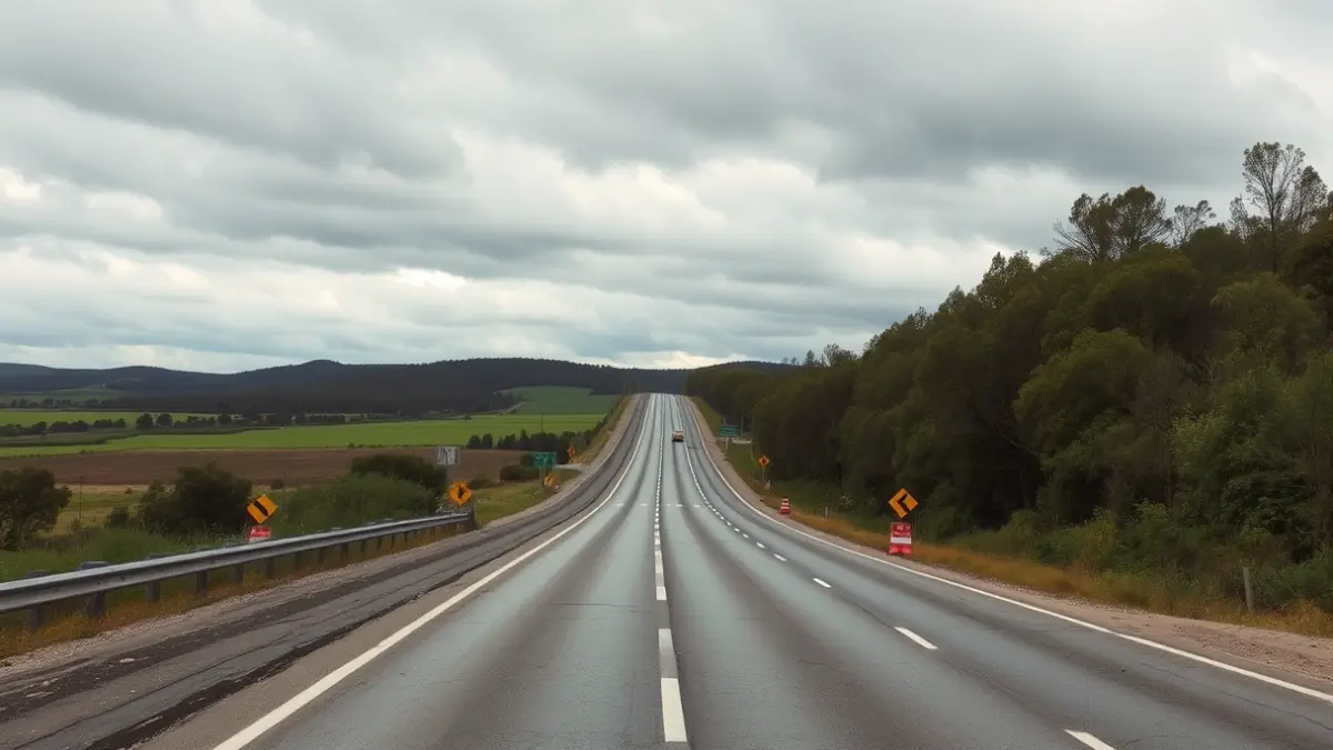 Imaxe dun tramo de autovía sen rematar nunha paisaxe rural galega.