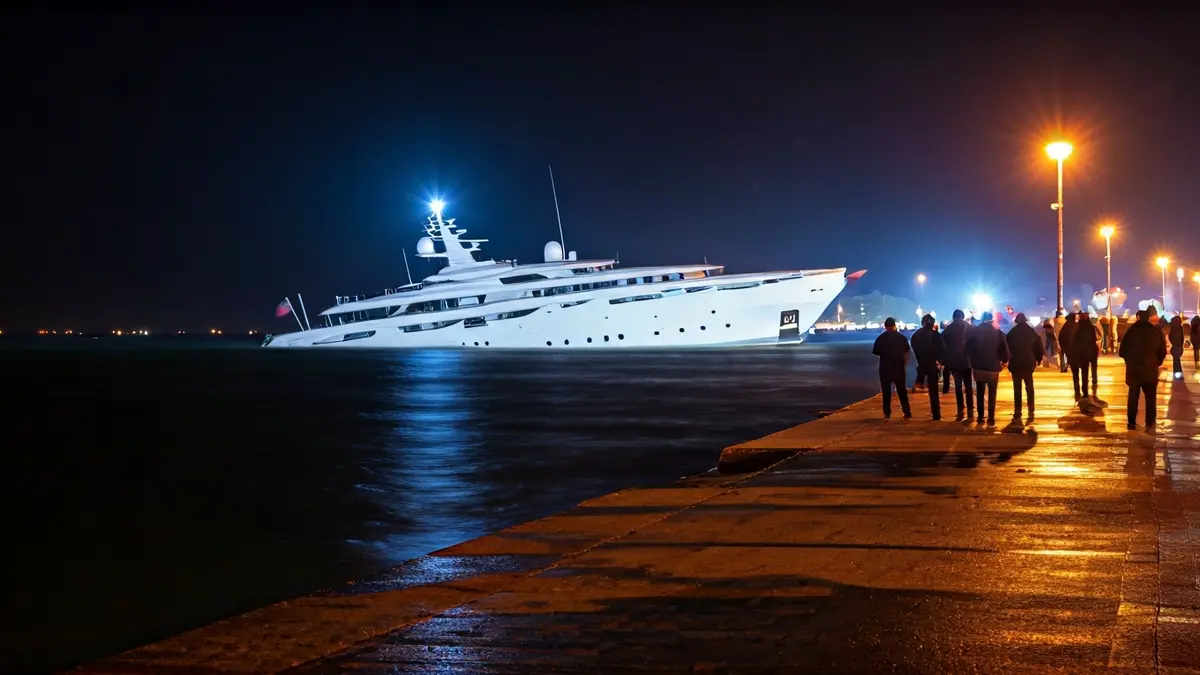 Iate embarrancado fronte ao paseo marítimo de O Grove durante a noite.
