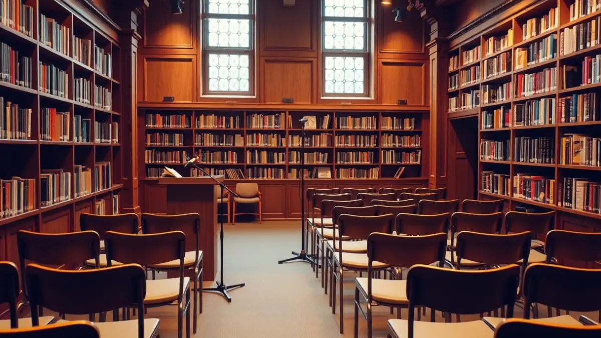 Imaxe xenérica dunha sala de conferencias ou biblioteca preparada para unha charla.