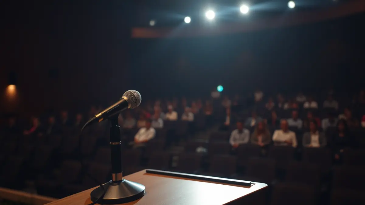 Imaxe xenérica dun micrófono nun podio nunha sala de conferencias.
