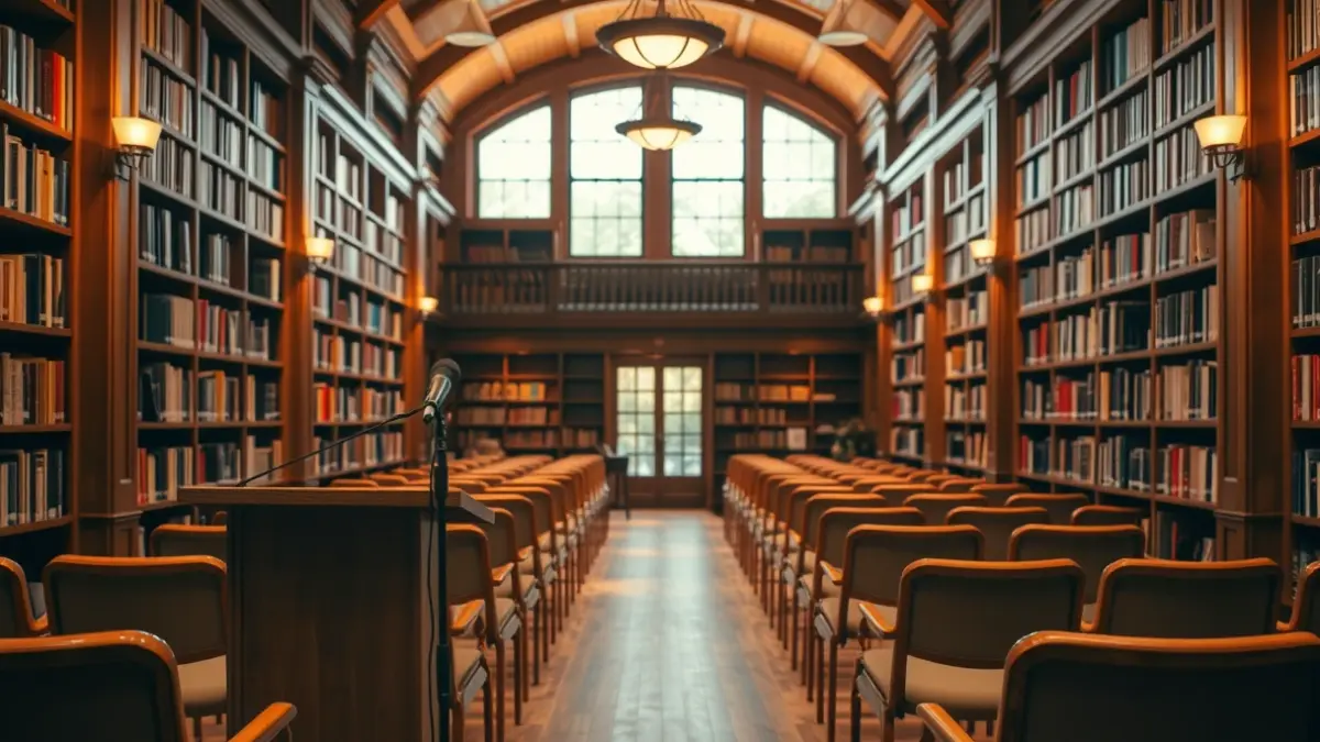 Imaxe xenérica dunha sala de conferencias ou biblioteca, con cadeiras baleiras e un micrófono.