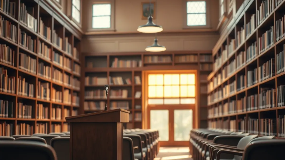 Imaxe xenérica dunha sala de actos ou biblioteca, con cadeiras baleiras e un micrófono nun atril.