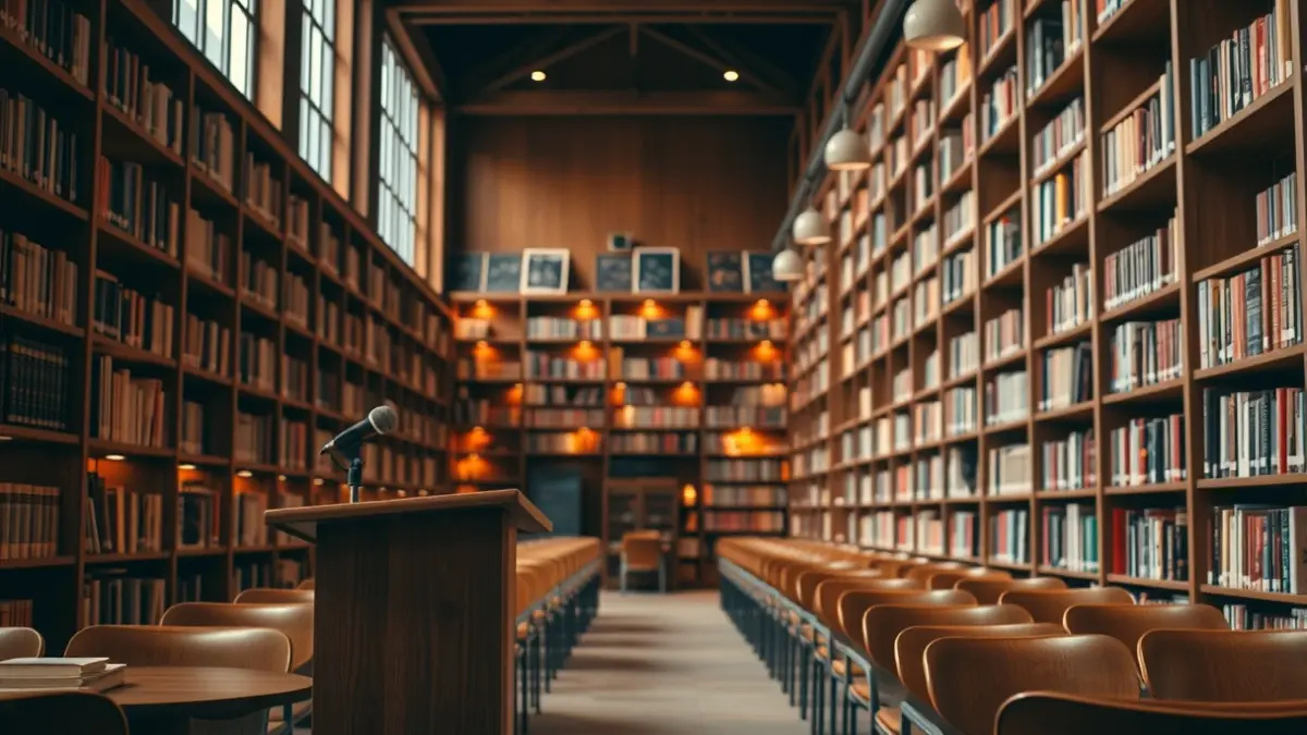 Imaxe xenérica dunha sala de actos ou biblioteca, con cadeiras e un micrófono.