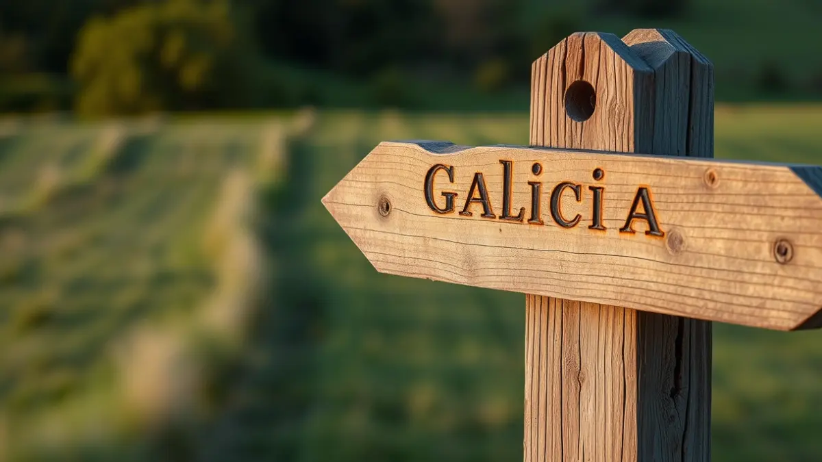 Imaxe dun antigo poste indicador de madeira con nomes de lugares galegos gravados.