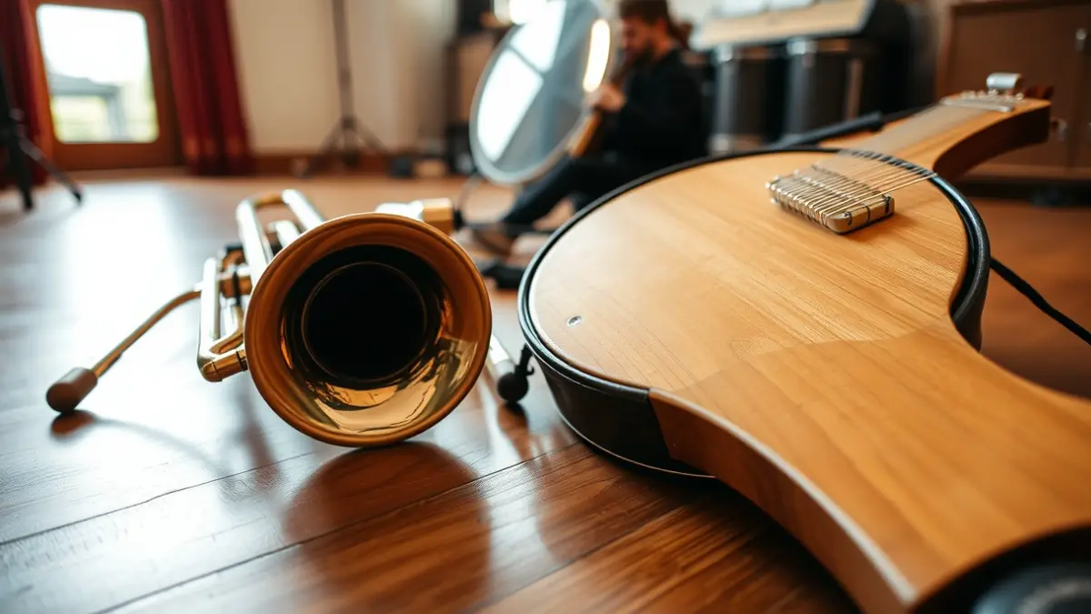 Imaxe xenérica de instrumentos musicais nun espazo de ensaio.