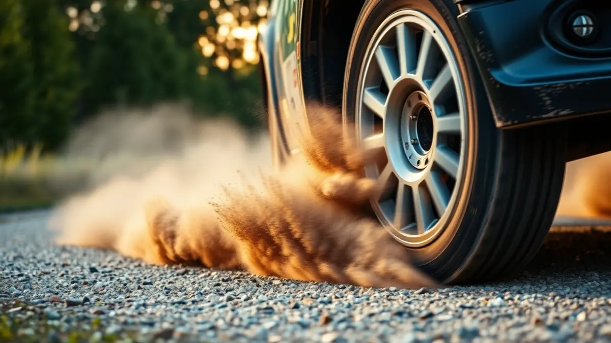 Imaxe xenérica dun coche de rally en acción, levantando po nunha pista de terra.