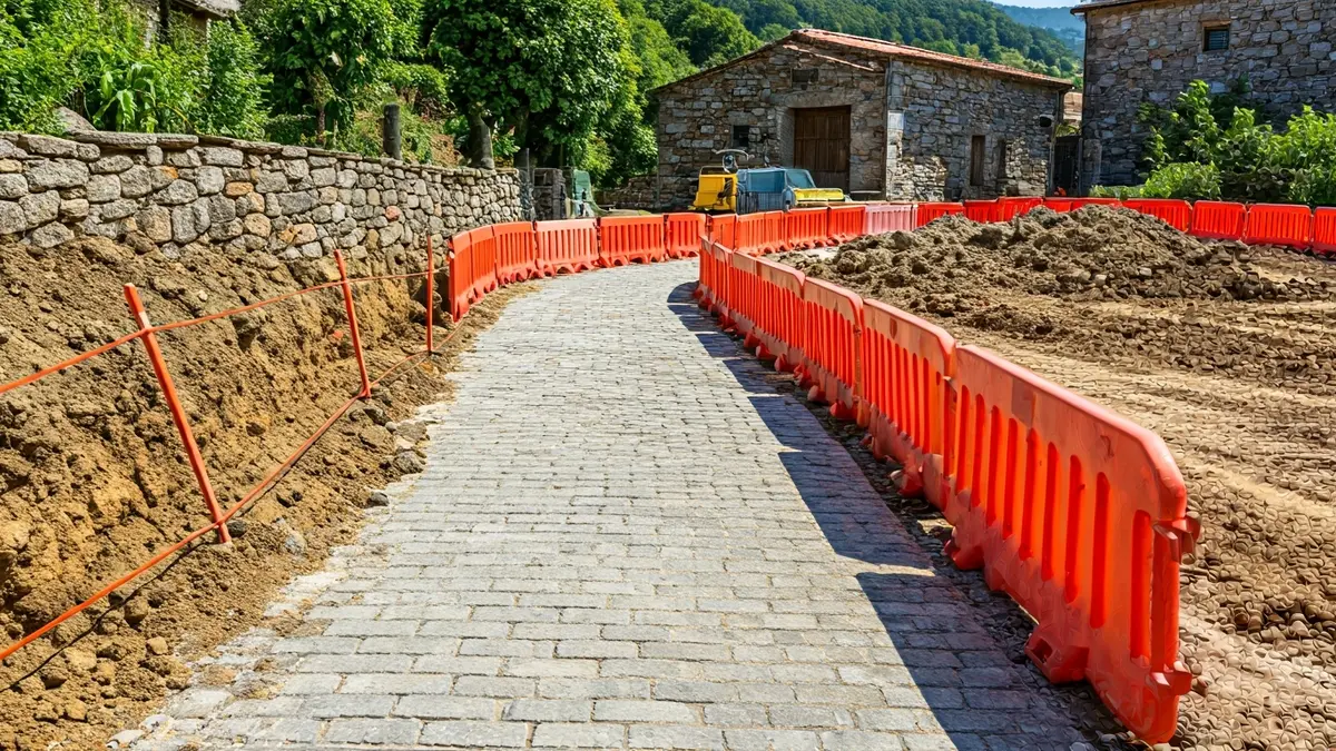 Imaxe dunha obra de mellora de seguridade peonil en Bergondo, con barreiras e pavimento.