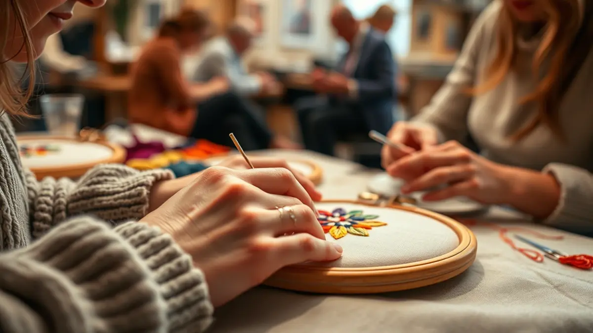 Mans bordando unha fotografía nun obradoiro, con fíos de cores e agullas.