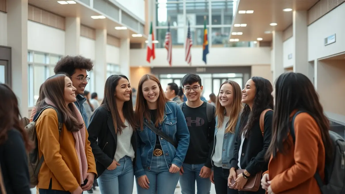Imaxe xenérica dun grupo de estudantes e adultos nunha recepción oficial.
