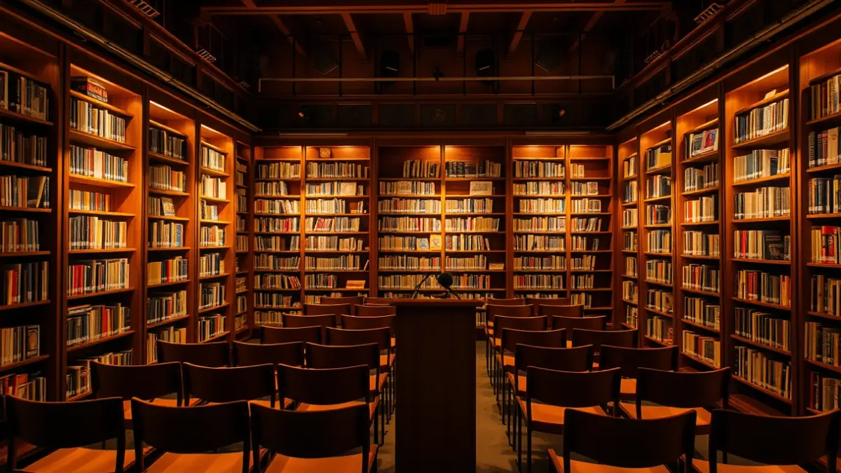 Imagen genérica de una sala de lectura o biblioteca, con estantes de madera y sillas vacías.