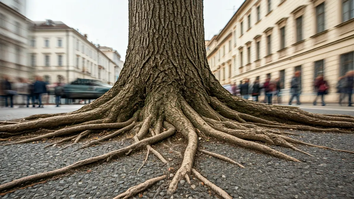 Imagen de una raíz de árbol rompiendo el pavimento urbano, simbolizando la lucha de la naturaleza en la ciudad.