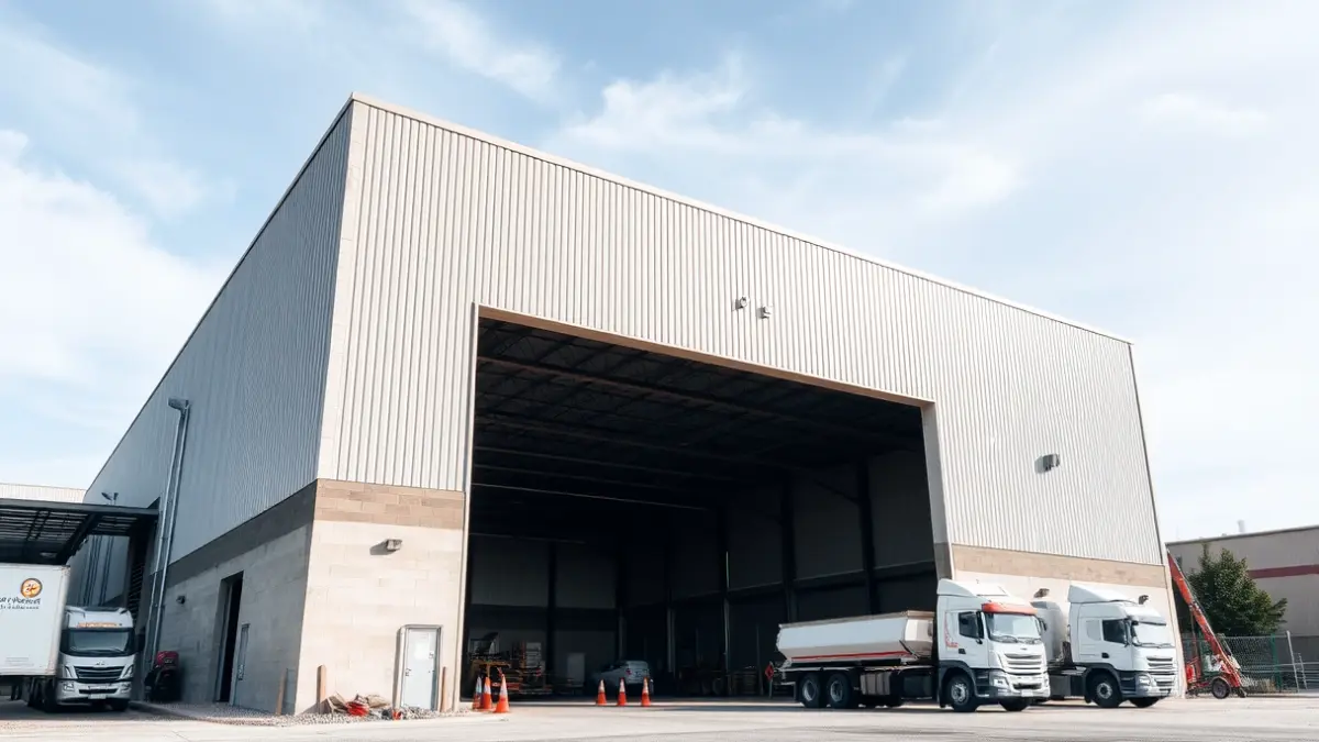 Imaxe dunha nave industrial en construción e camións estacionados nun polígono.
