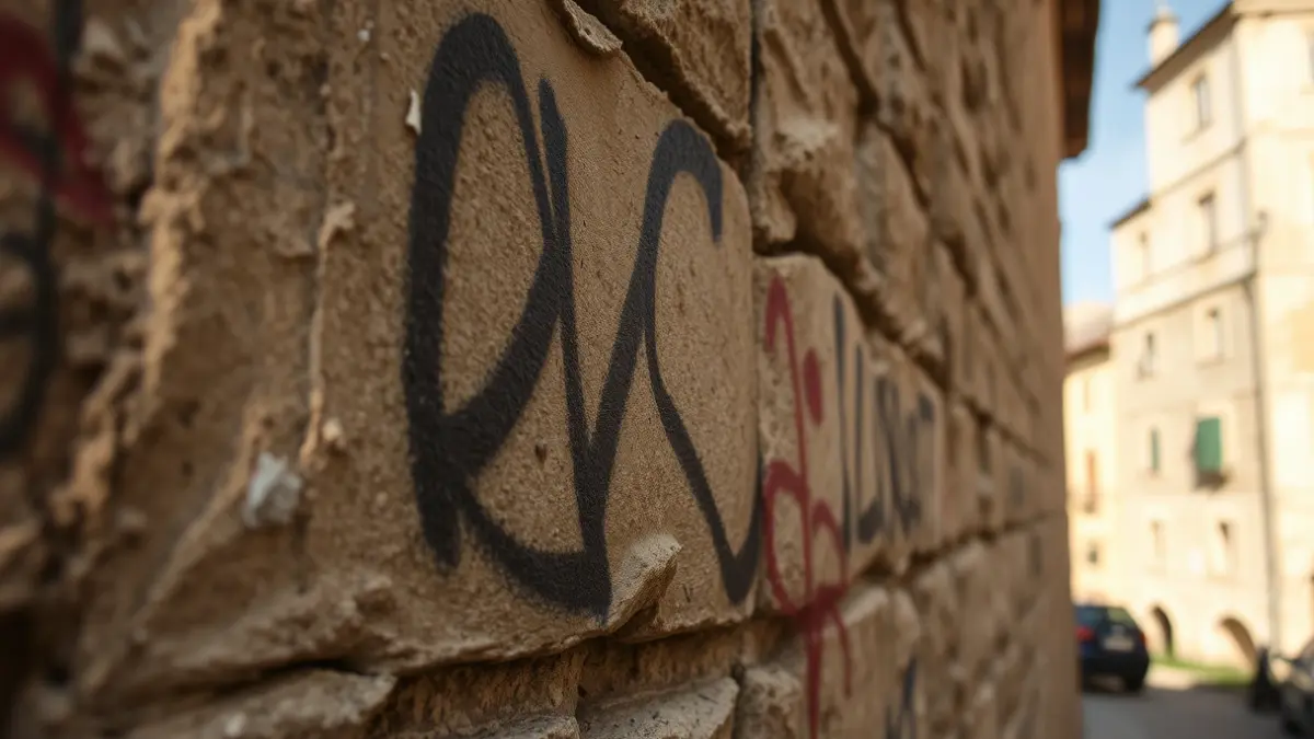 Imaxe dunha parede de pedra con grafitis parcialmente eliminados.
