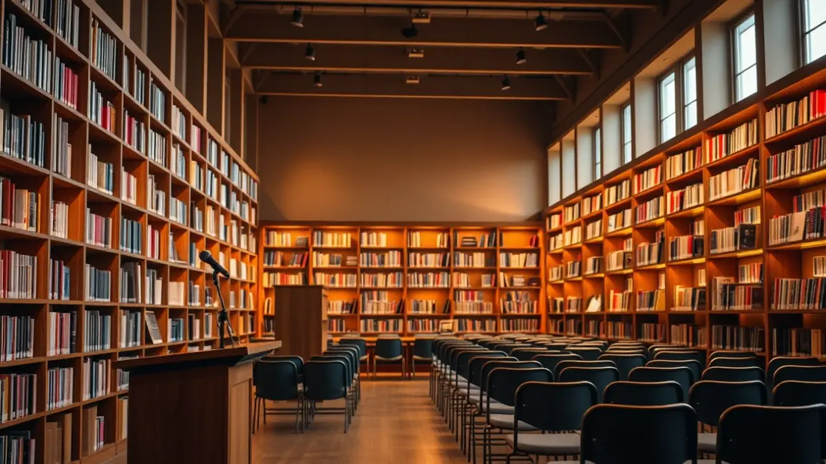 Imaxe xenérica dunha sala de exposicións ou biblioteca, con estantes e un podio.