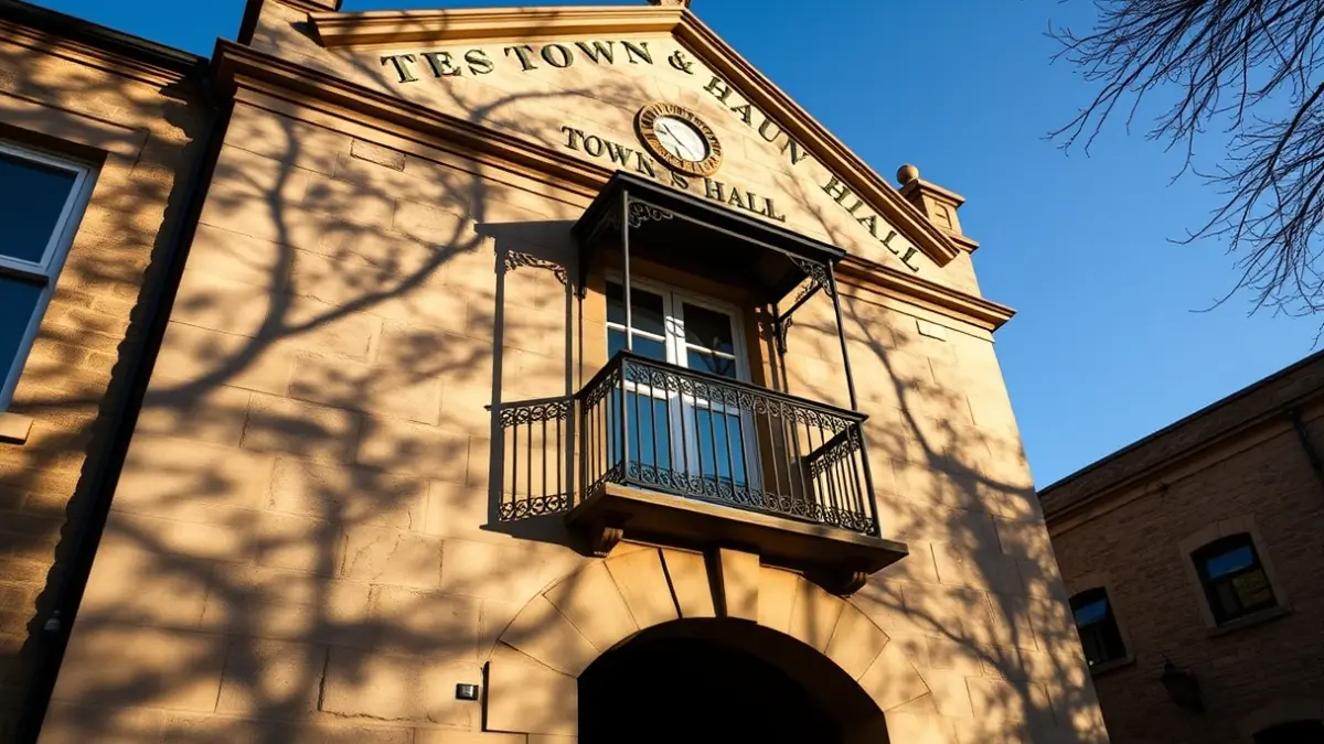 Fachada del ayuntamiento de Betanzos bajo la luz del sol de la tarde.