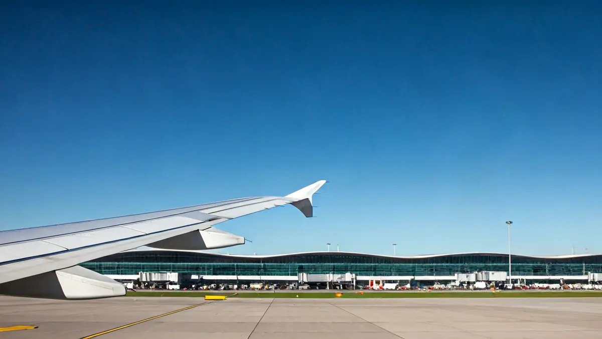 Imaxe xenérica dunha á de avión en voo, co ceo azul de fondo.