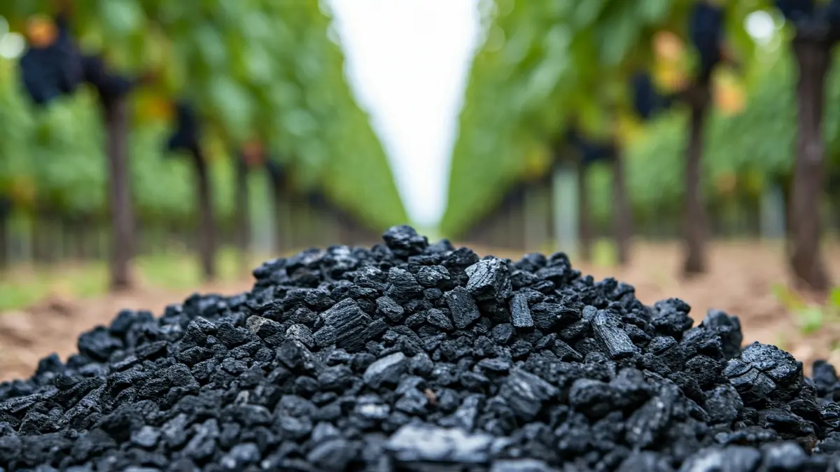 Imaxe de biocarbón mesturado con terra de viñedo.