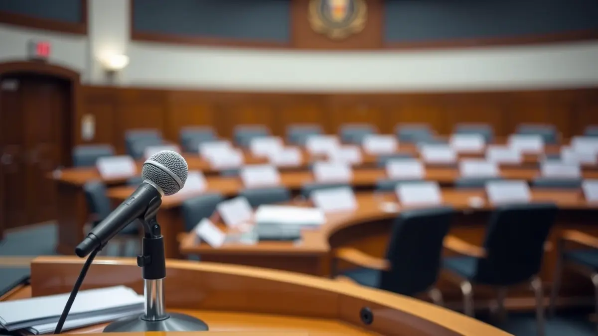 Imaxe xenérica dun micrófono nun podio nunha sala de plenos municipal.