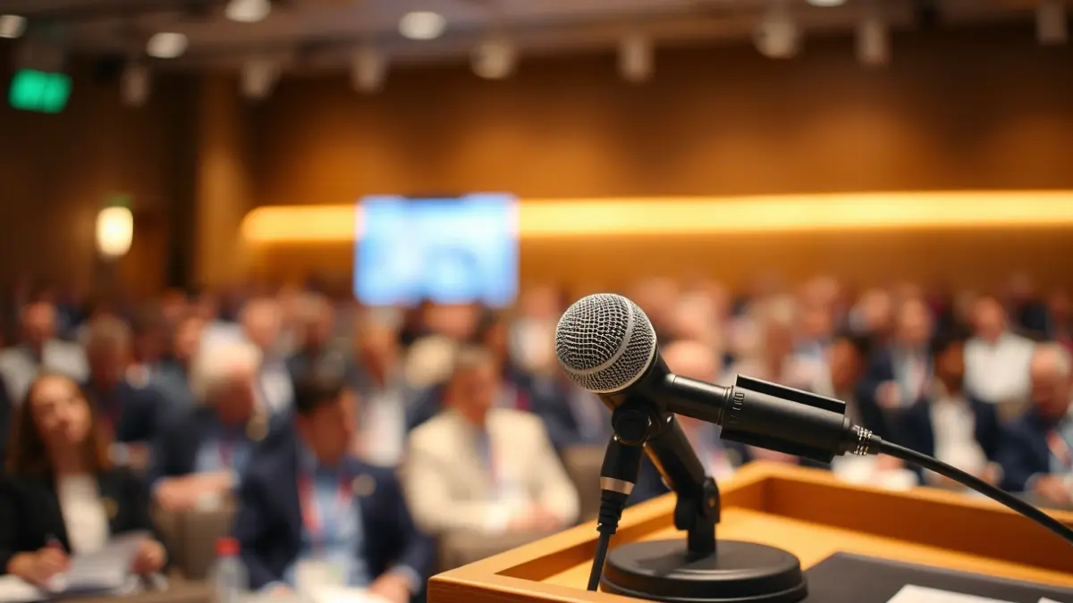 Imaxe xenérica dun micrófono nun podio nunha sala de conferencias.