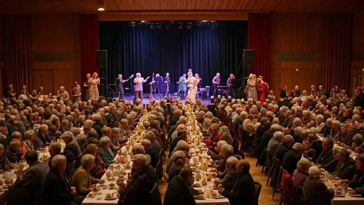 Imagen de una comida de confraternidad con personas mayores.