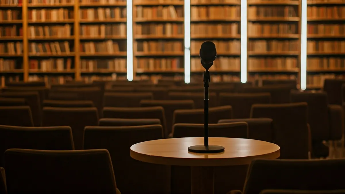 Imagen genérica de una sala de presentaciones o biblioteca, con sillas y un atril con micrófono.