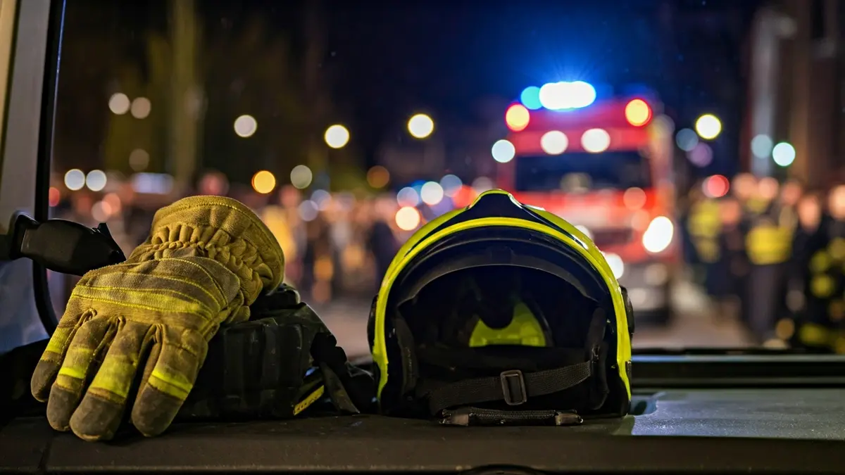 Imaxe xenérica dun casco e luvas de bombeiro sobre o cadro de mandos dun camión, con luces de emerxencia borrosas ao fondo.