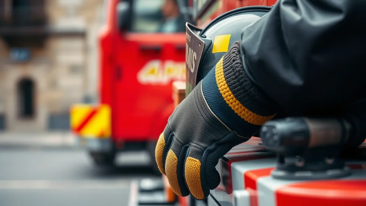 Imagen genérica de equipamiento de bombero, con casco y guantes sobre un camión, y luces de emergencia al fondo.